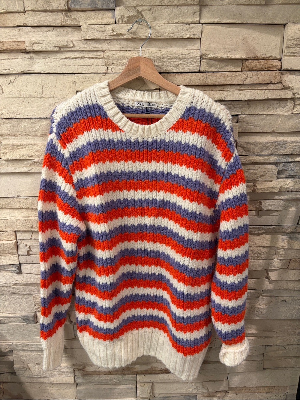 Zara Men Crewneck Striped Sweater in Blue, Orange, White